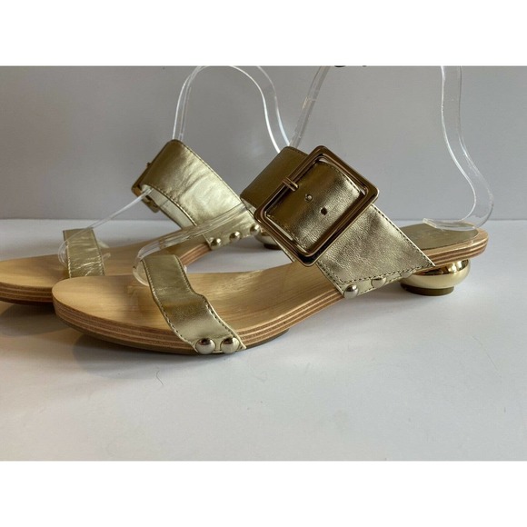 Womens Sandals KATE SPADE Gold Leather Wood Soles Size 8 Slip on Shoes - Picture 4 of 10